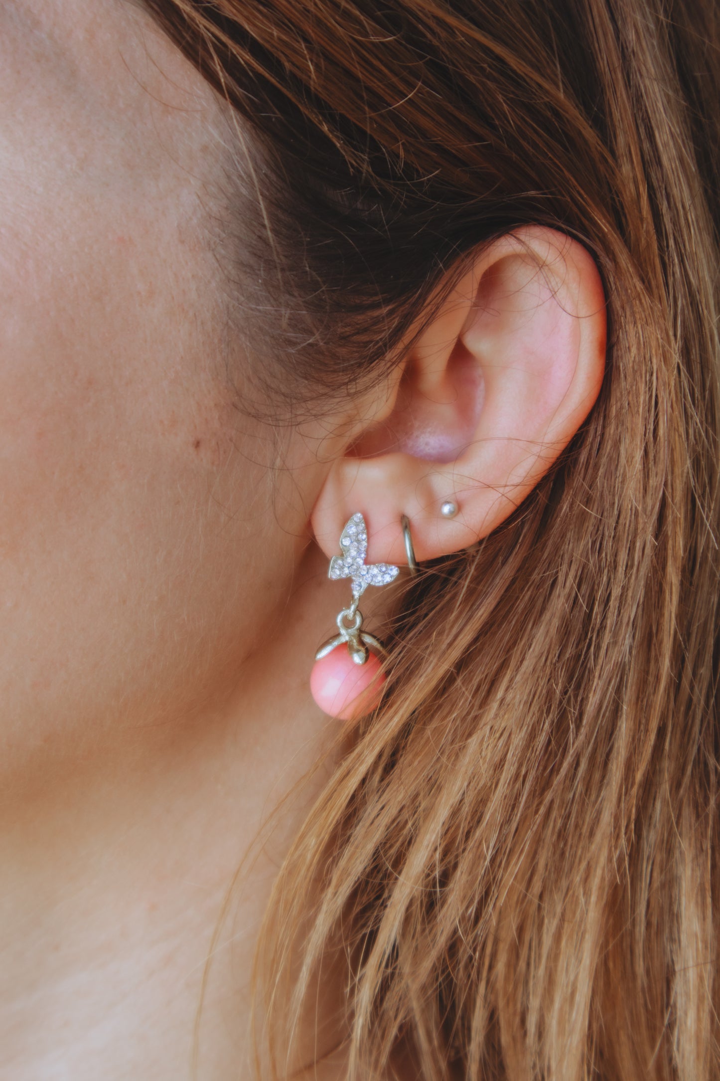 Pink Butterfly Orb Earrings