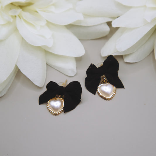 Black Bow and Pearl Heart Earrings