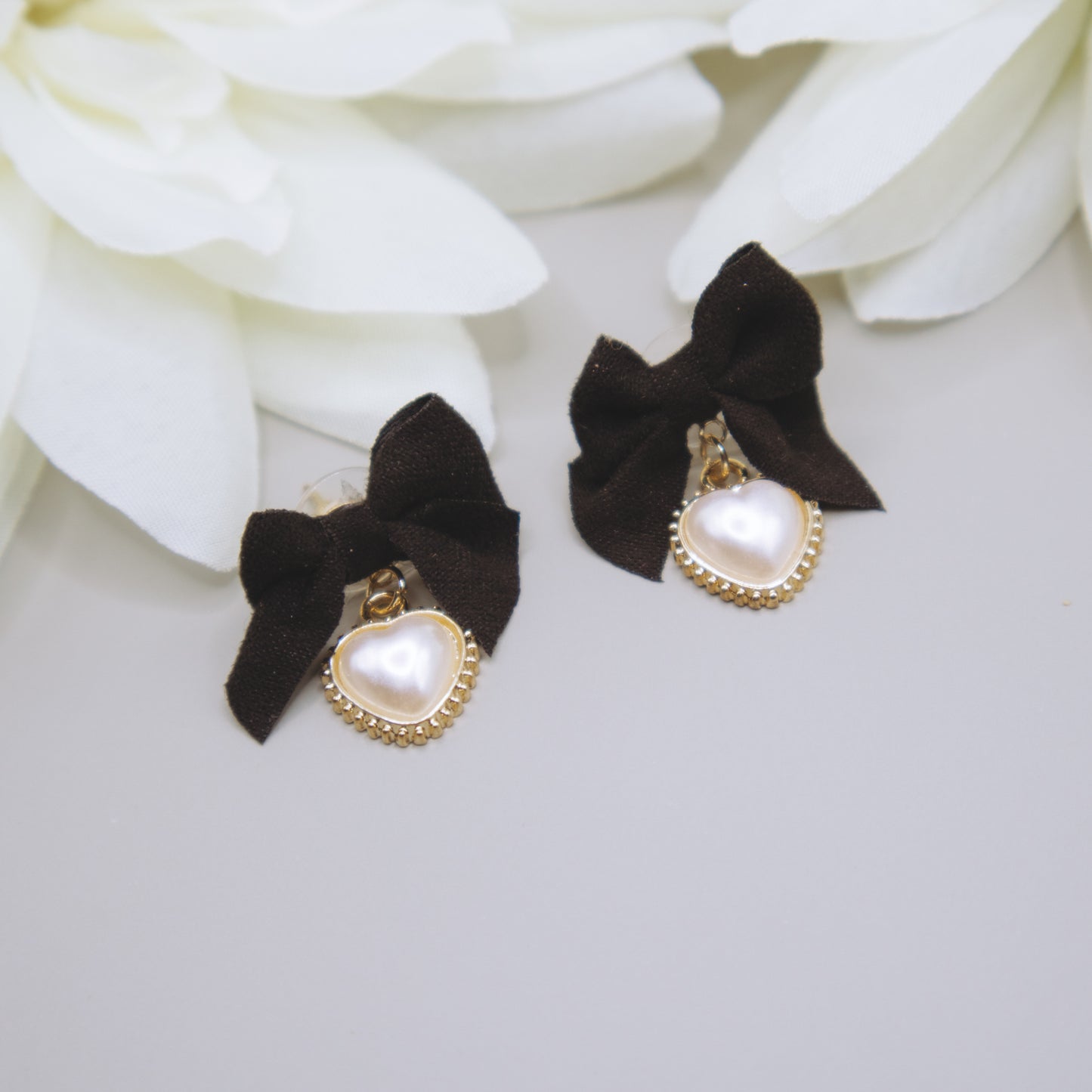 Black Bow and Pearl Heart Earrings