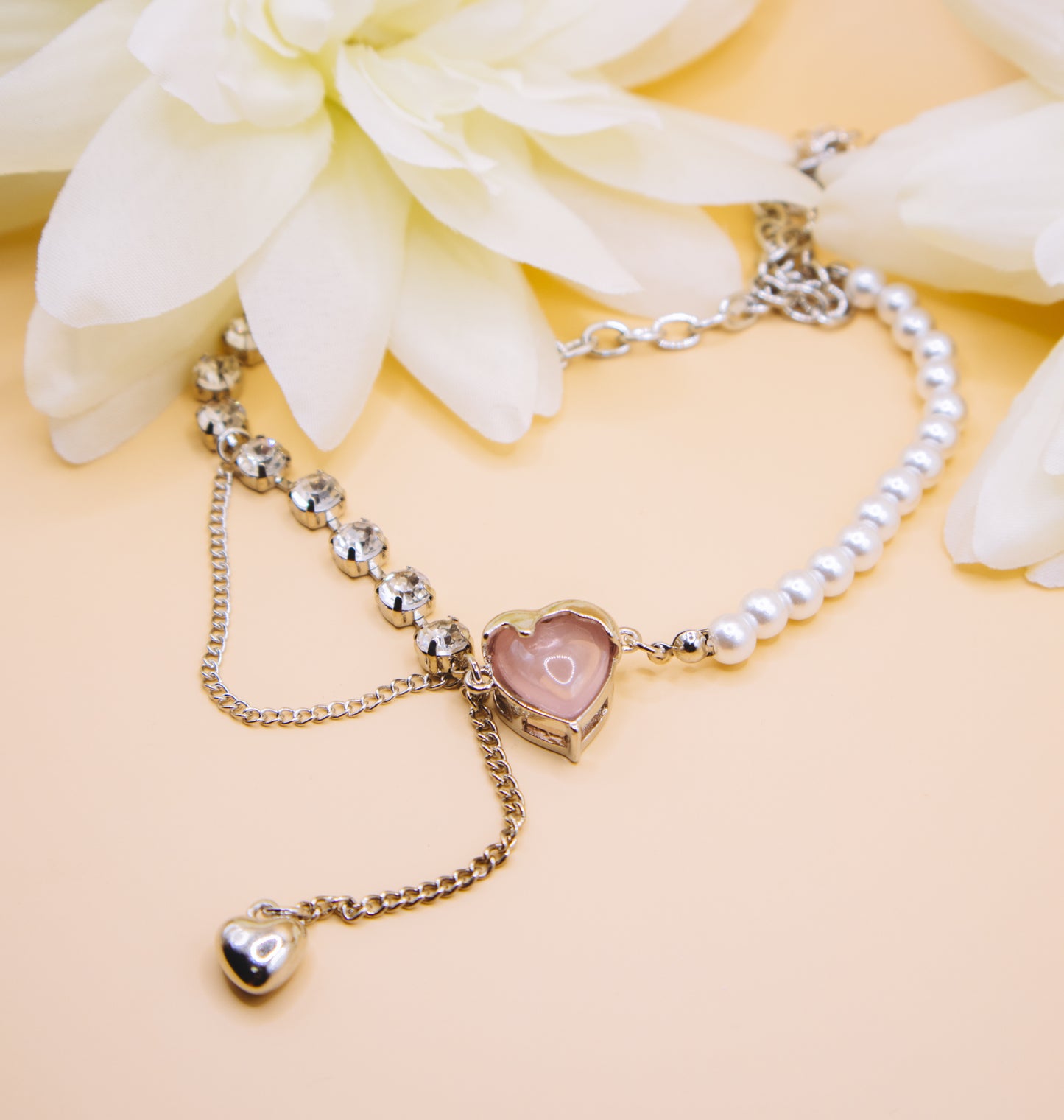 Pink Heart and Pearl Statement Necklace