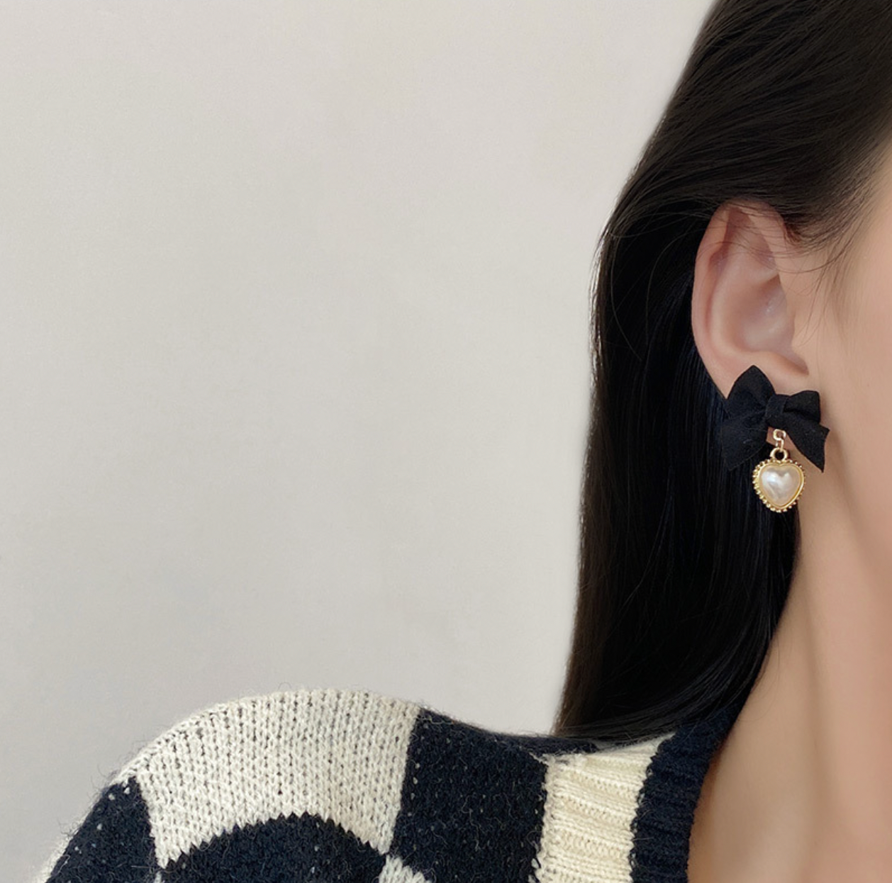 Black Bow and Pearl Heart Earrings