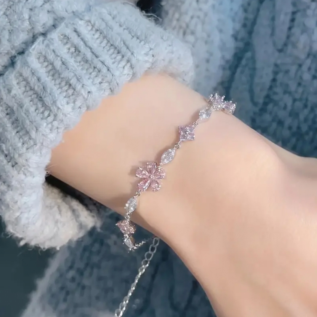 Silver and Pink Flower Bracelet