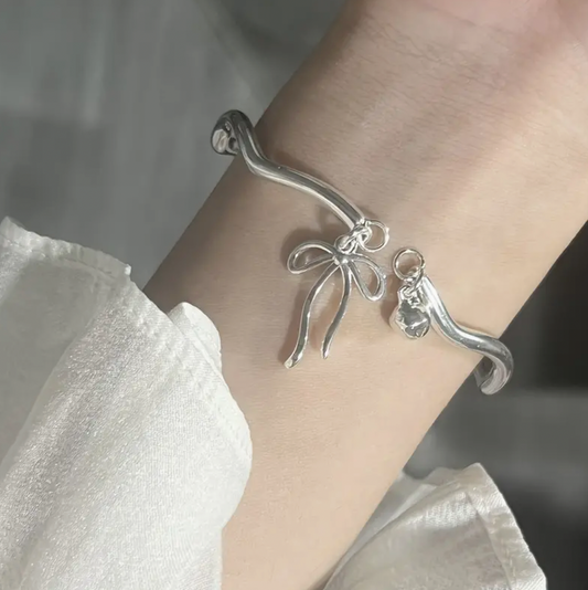 Silver Ballet-Core Bow and Cuff Bracelet