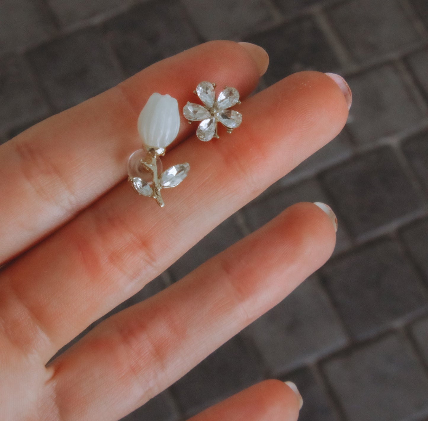 Asymmetrical Floral Stud Earrings - Miruku Store - Earrings