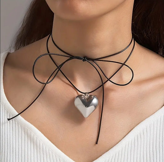 Chunky Silver Heart Black Wrap Necklace - Miruku Store - Necklace